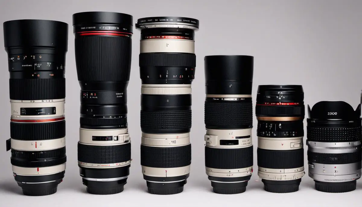 A variety of camera lenses lined up, representing different options for event photography lenses.