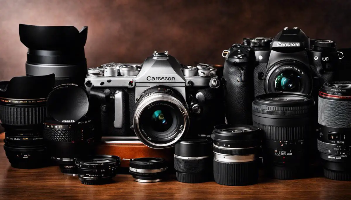 A photograph of a camera and various lenses, symbolizing the basics of photography and the different equipment used.